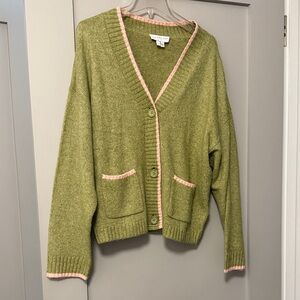 Never Fully Dressed Callie Contrast Cardigan, Olive + Pink Piping